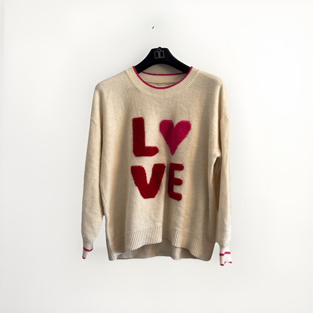 Lou & Grey for LOFT Heart LOVE Knit Sweater Ivory Red Pink Womens Size XL